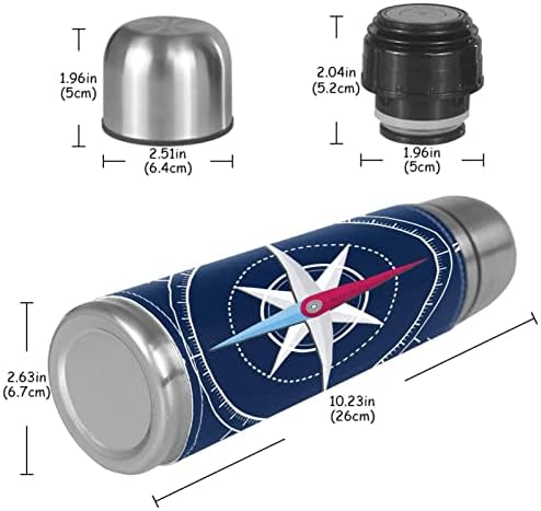 Izolirana boca za vodu, termos za vruća pića, crtani retro kompas, kafe termos boca od nehrđajućeg čelika