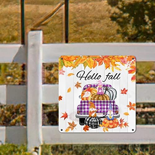 Pozdrav Fall znak Purple Plaid kamion Metalni znak Pumpkin GNOME Maple list limenog znaka Jesen Decor Dan zahvalnosti Poklon Zemljište