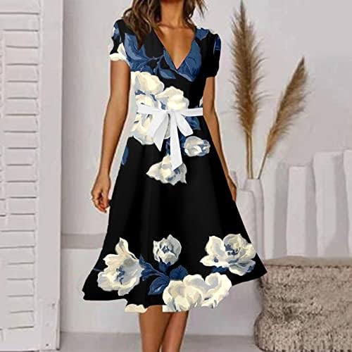 Miashui Ljetne haljine za žene sa džepovima Žene Ležerne prilike V izrez kratki rukav Dress Tie Ljetne haljine za žene Koljeno