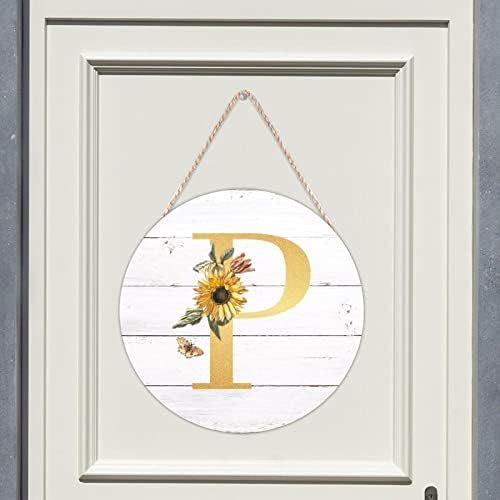 Dobrodošli na prednji dekor Početno slovo P Gold Okrugli drveni znakovi Monogram suncokretov cvjetni drhk viseći lotanski postrojenje